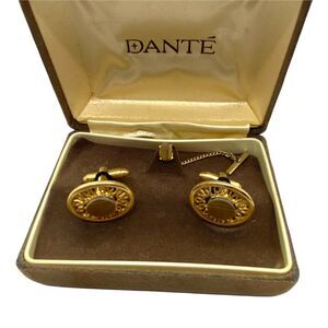 Cufflinks And Tie Tack Set Vintage Dante Men's Gold Tone Tiger’s Eye Bullet Back